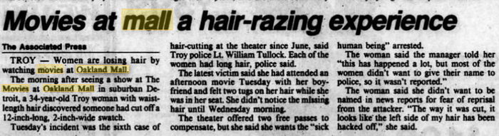 Movies at Oakland Mall - 1987 Article On Hair Cutting Attacks (newer photo)